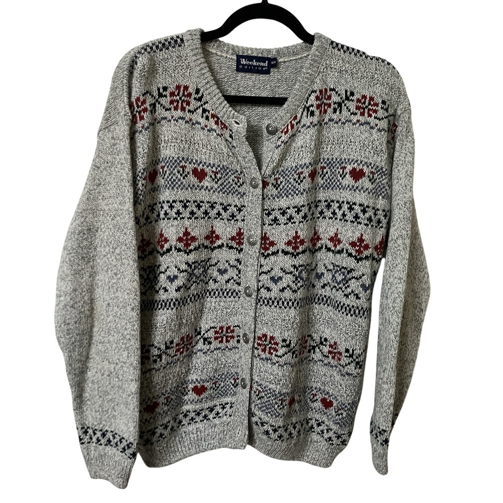 Vintage Weekend Edition Cardigan Womens M Wool Blend Gray Fair Isle Granny